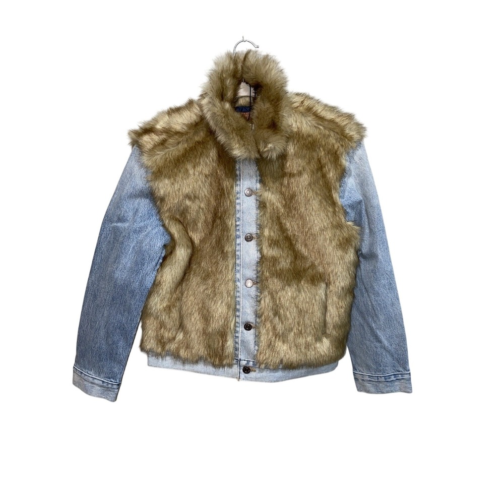 Levi's Premium Women's Oversized Faux Fur Trucker Jacket XS Blue Denim Furry Fur